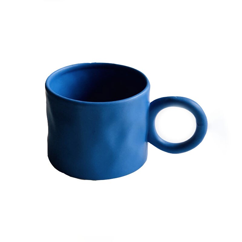 Coffee mug with large handle, Blue/white ceramic mug with dots, hand creased milk mug