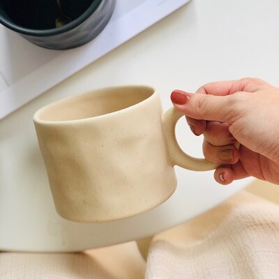 Coffee mug with large handle, Blue/white ceramic mug with dots, hand creased milk mug